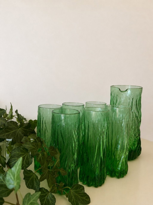 Vintage italienisches Bark-Glas-Set, bestehend aus 6 Longdrinkgläsern und einer Karaffe – glazen karaffen (photo 2 of 5)