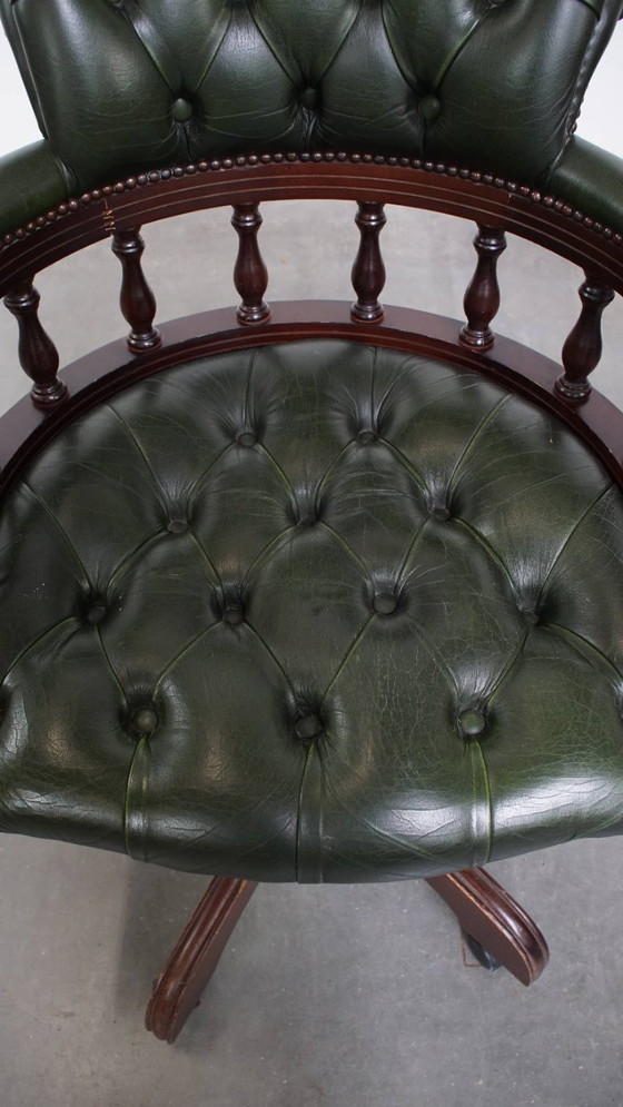 Image 1 of Green Beef Leather and Wood Chesterfield Office Chair