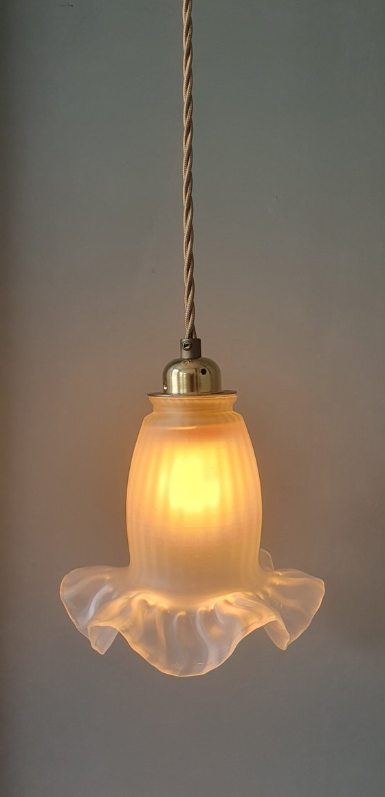 Image 1 of Antike Glas-Hängelampe. Blumenförmiges Design aus mattiertem Glas.