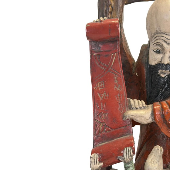 Monumentale Handgesneden Chinese Teakhouten Shoulao Beeldhouwkunst – God van de Levensduur (65.5 x 27.5 cm (photo 10 of 11)