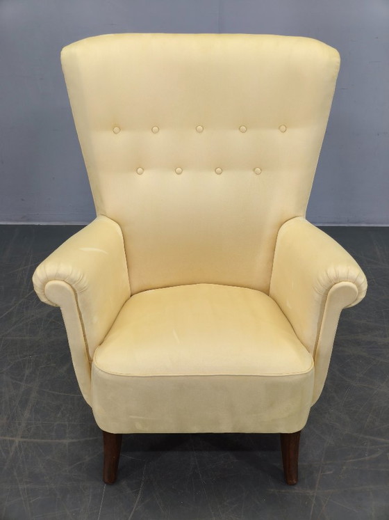Image 1 of Fauteuil lounge danois à haut dossier des années 1950, récemment retapissé