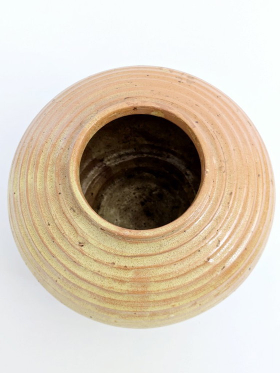 Image 1 of Vintage Studio Pottery Round Vase, Ribbed Golden Ochre Glaze, Artist Signed