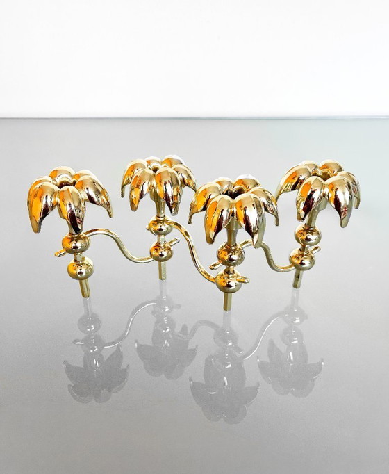 Image 1 of Seltener hellgoldfarbener Nagel Palm Kerzenleuchter aus den 70er Jahren