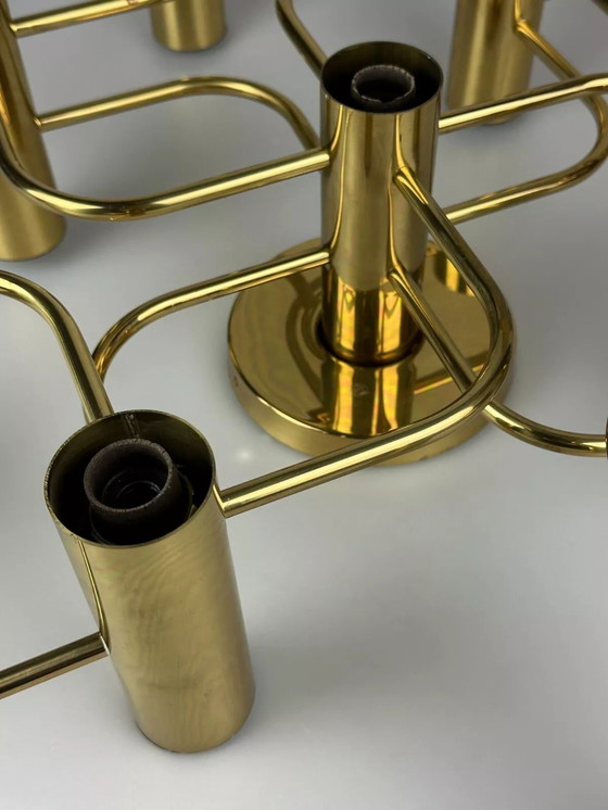 Image 1 of 60s 70s 9-lichts plafondlamp van Leola Leuchten Duitsland in messing