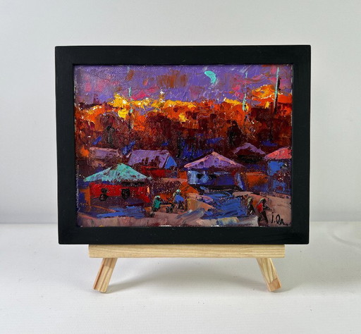 Original Oil Painting Night Village Landscape Under the moon