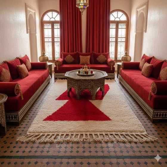 Image 1 of Alfombra Beni Ouraine, hecha a mano al estilo tradicional marroquí, roja y blanca, 150x250 cm.