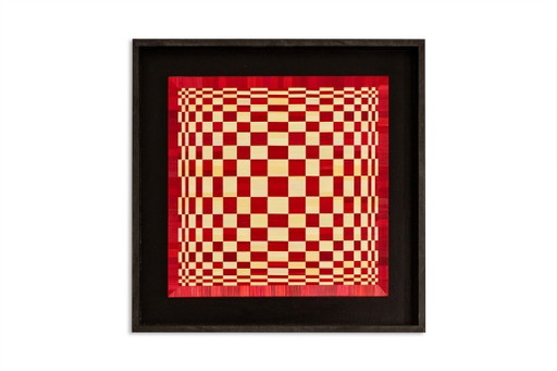 Pair of panels in red and gold straw marquetry. Contemporary.