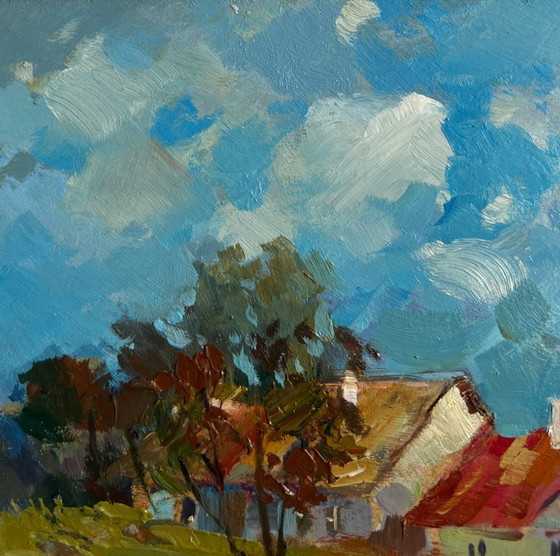 Image 1 of Origineel olieverfschilderij: Zomerdorplandschap met huizen in het bos.