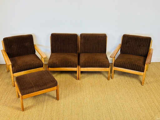 Vintage modulaire woonkamerset van eikenhout en corduroy, jaren 60, set van 5