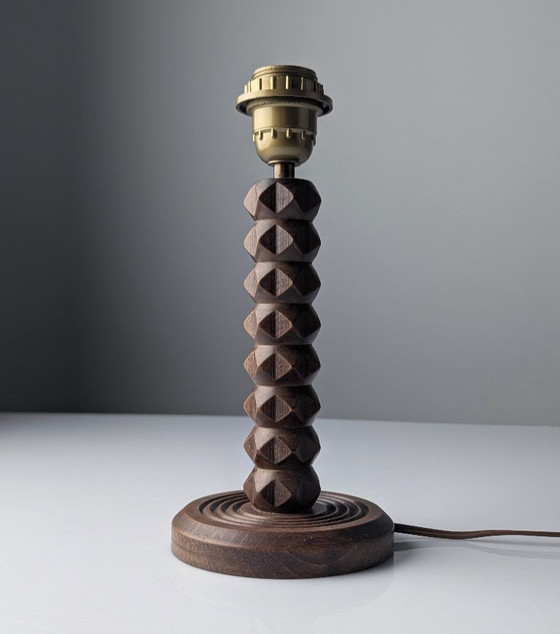 Image 1 of Charles Dudouyt Table Lamp, Oak with Parchment Leather Shade, France, 1950s