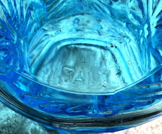 Image 1 of Vintage Fidenza Vetraria Italy kan en 3 blauwe glazen, jaren 50