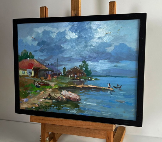 Image 1 of Peinture à l'huile originale : Paysage rural, maisons de village près de la rivière
