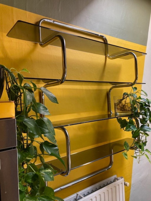 Vintage wall rack in chrome and glass