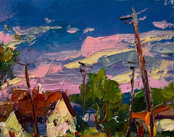Image 1 of Original Oil Painting Rural Evening Landscape Edge Of The Village