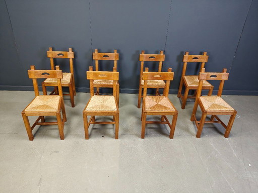 Vintage oak and wicker brutalist chairs, 1960s - set of 8