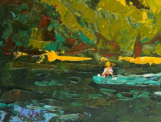 Image 1 of Original Oil Painting Summer River Landscape Boating holidays