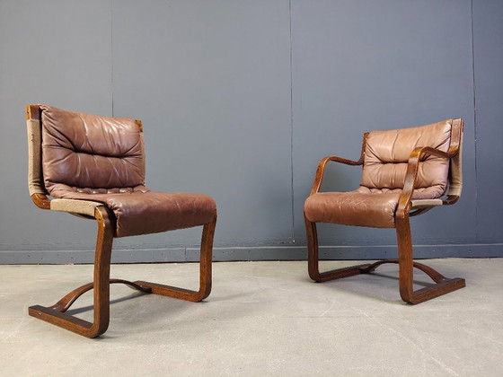 Image 1 of Vintage Asko Pajamies Finland leren multiplex stoelen, set van 6 - jaren 70