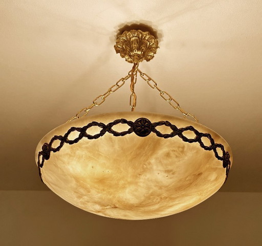 French Art Deco Alabaster & Bronze Pendant Lamp