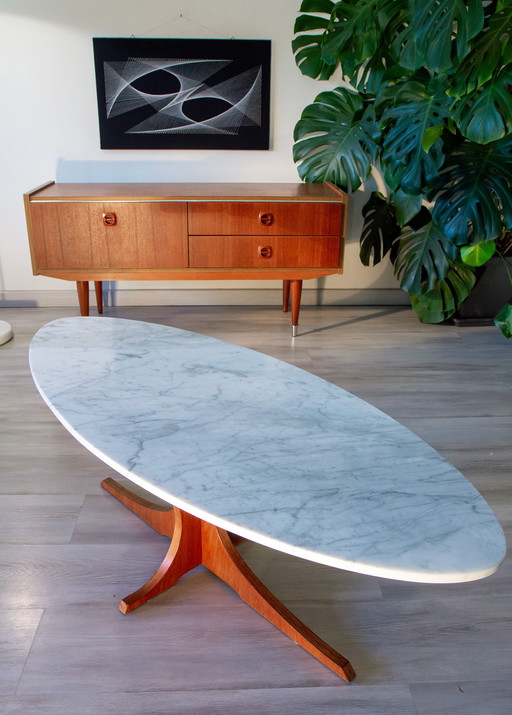 Table Basse Hugues Poignant, Teck et Marbre, 1960