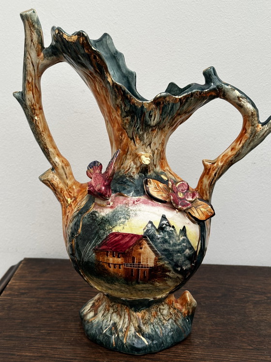 Image 1 of Vintage Barbotine vaas en landelijke decoratie - Belgisch keramiek