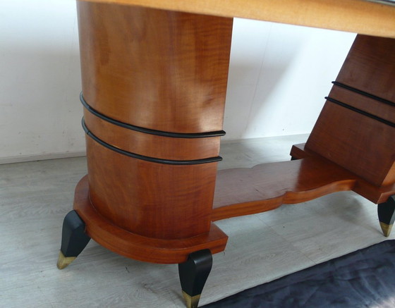 Image 1 of Grande table de salle à manger table de conférence Art Déco en placage de noyer + merisier, demi-colonnes inclinées, France vers