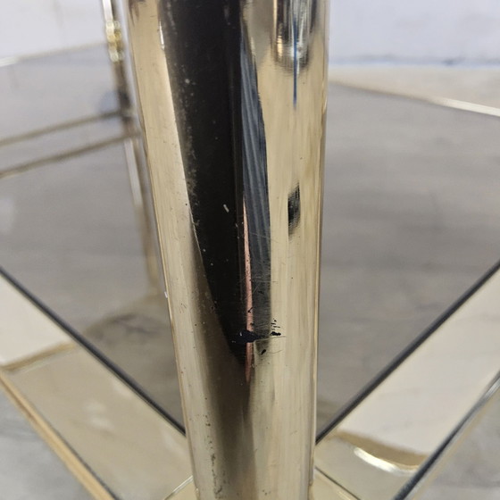 Vintage golden brass bar cart / trolley smoked glass shelves (photo 13 of 15)
