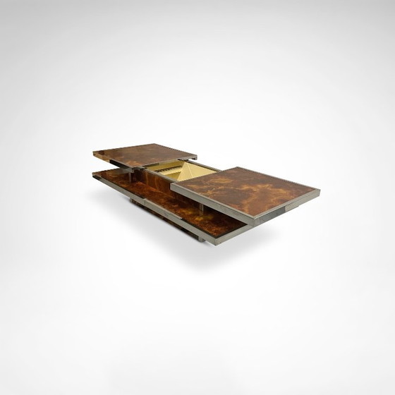 Image 1 of Schuifbare salontafel met twee niveaus van wortelhout en metaal, met geïntegreerde bar, Frankrijk, jaren 80.