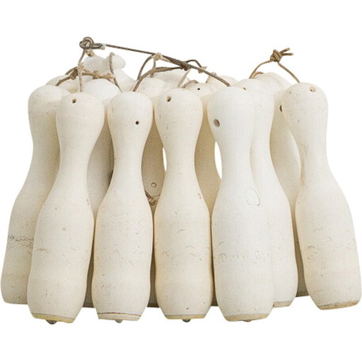 Set van 15 vintage bowlingkegels aan nylon hijskoorden