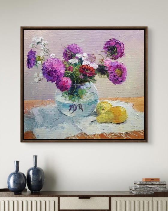 Image 1 of Peinture à l'huile originale Nature morte Asters dans un vase sur une table