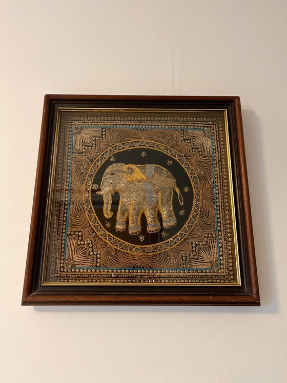 Image 1 of Vintage framed Burmese Kalaga rug elephant
