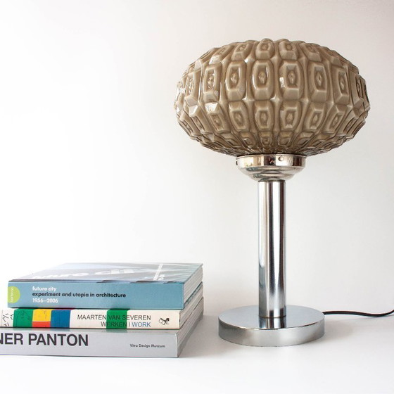 Image 1 of 1940s Portuguese Art Deco Table Lamp with Gray Opaline Shade