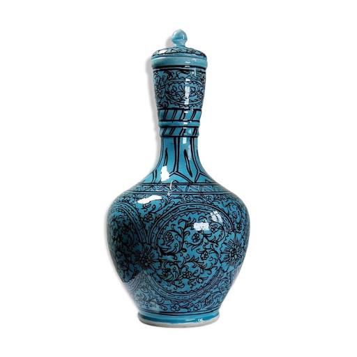 Bedeckte Vase oder persischer Krug, glasierte Iznik-Keramik, Vintage türkis bemalt.