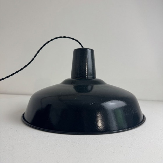 Image 1 of PAIR OF ANTIQUE ENAMELED INDUSTRIAL WORKSHOP PENDANTS