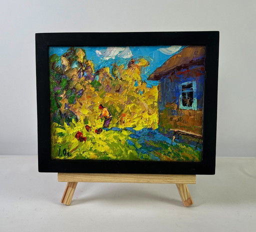 Original Oil Painting Summer Village Landscape The sun in the field