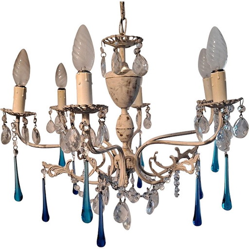 Vintage Italian 6 arm crystal chandelier, 1930s