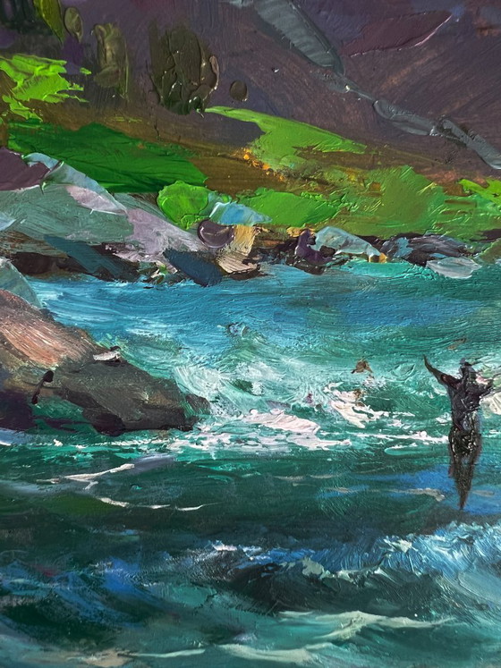 Image 1 of Dipinto ad olio originale. Pesca estiva in un fiume di montagna.