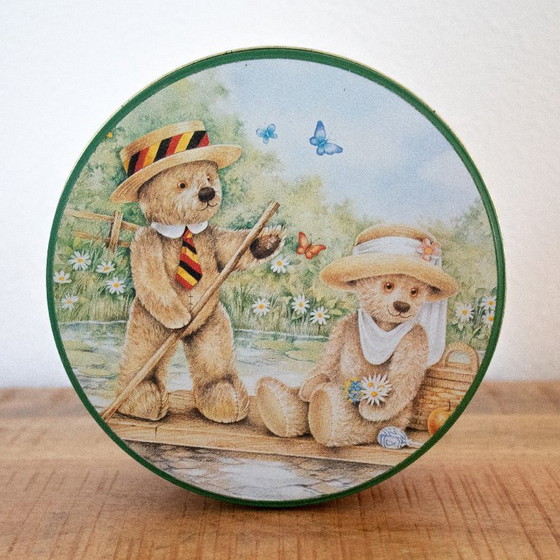 Image 1 of Vintage Teddy Tum Tum cookie tin: British design from the 90s, bear tableware, green and beige