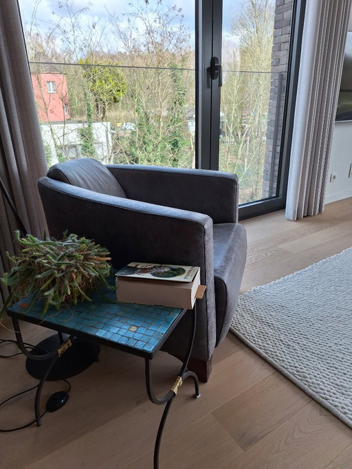 Fauteuil leder blue-denim met wenge voeten