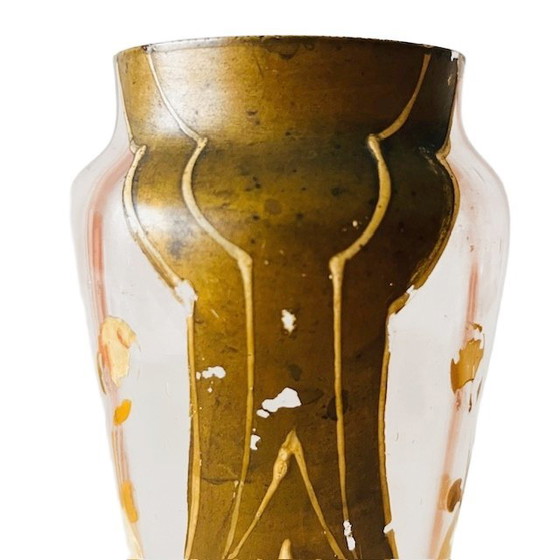Image 1 of Antico vaso vittoriano in stile Art Nouveau in vetro dorato dipinto a mano, anni 1900