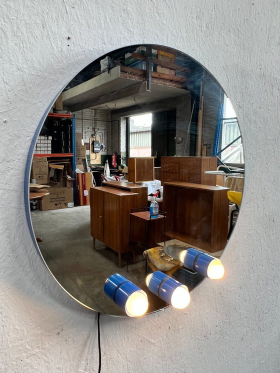 Image 1 of Specchio vintage, metallo blu, con illuminazione. Italia anni '90