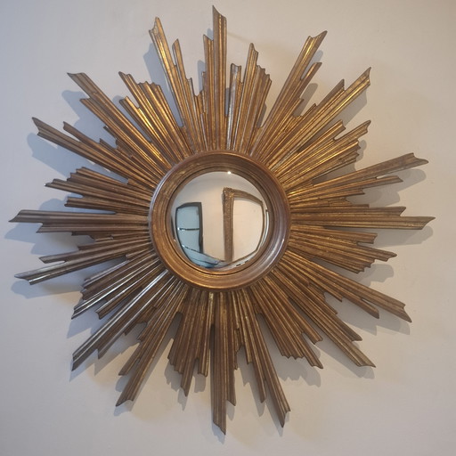 75cm wooden sun mirror from 1970. 18cm convex glass.