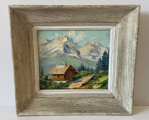 Dipinto ad olio d'epoca su pannello firmato CLAUDE SARGUE Paesaggio montano