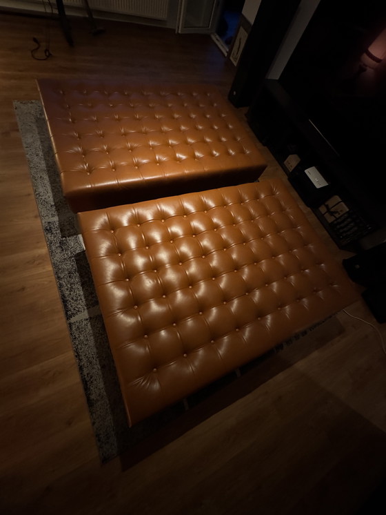 Image 1 of Large Tufted Leather Ottoman / Bench – Mid-Century Style – Cognac – 150 cm