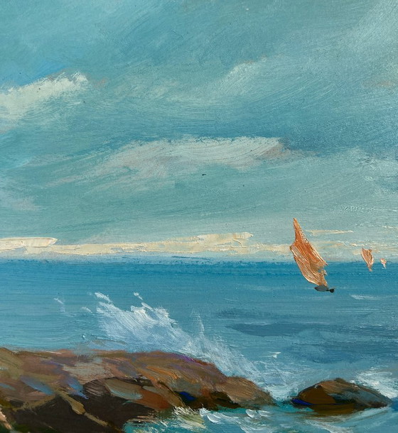 Image 1 of Pintura al óleo original: Paisaje costero marino con un velero en el horizonte.