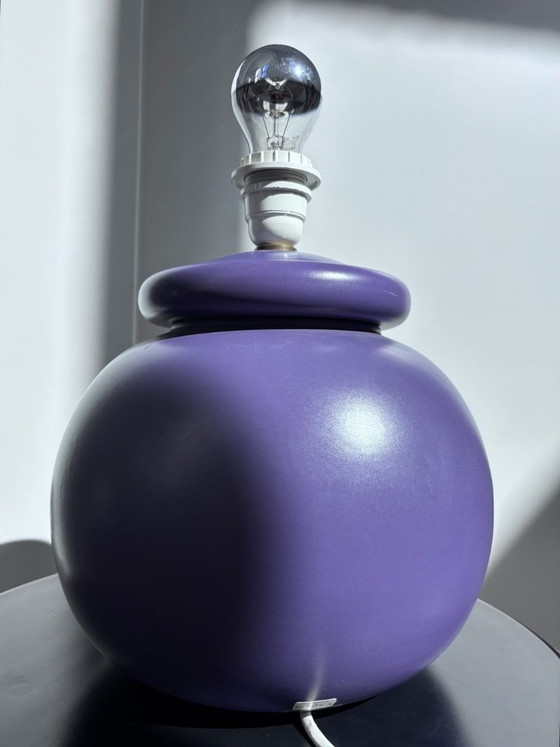 Postmodern Kostka France Table Lamp (Purple, 1980s) with Vintage Moiré Shade – Ceramic (photo 8 of 14)