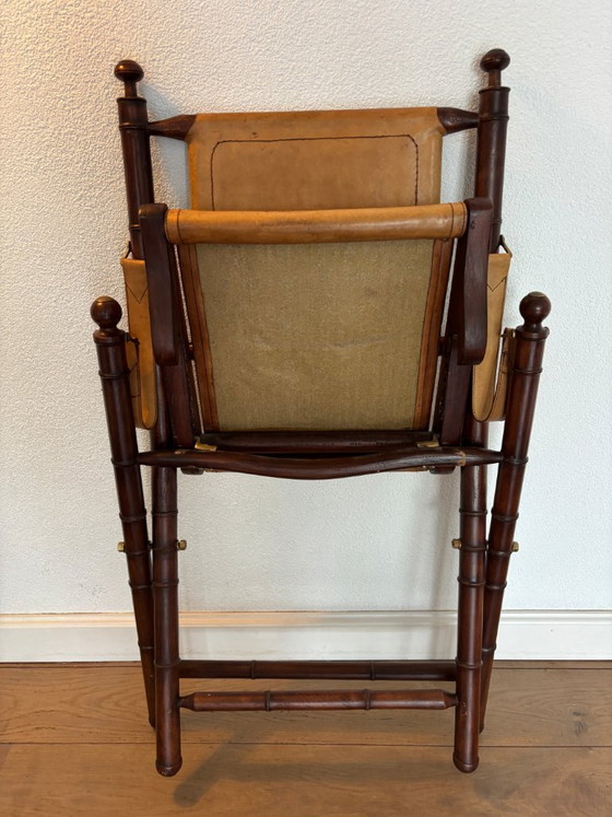 Image 1 of Silla de oficial - tapizada en madera y cuero - estilo campaña militar