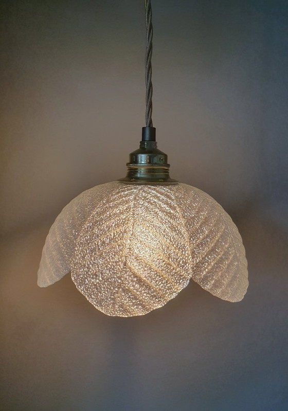 Image 1 of lampada a sospensione in vetro francese vintage a forma di fiore. Vetro blu e bianco.