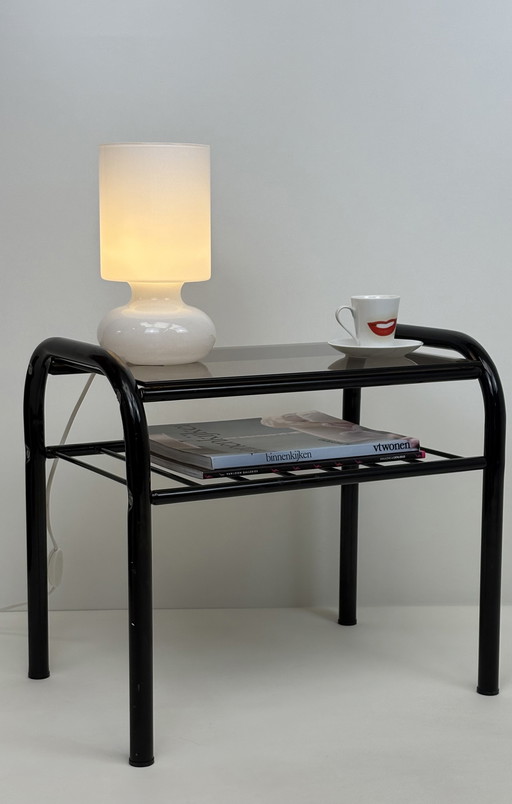Vintage black tube frame smoked glass telephone / nightstand / side table 1980s