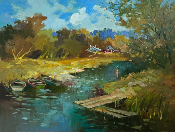 Image 1 of Original Oil Painting Summer River Landscape Summer day in the outback