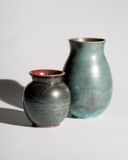 Pair of Richard Uhlemeyer Studio Stoneware Vases – Turquoise Reduction Glaze – Germany, ca. 1940s-1950s Art Deco Bauhaus